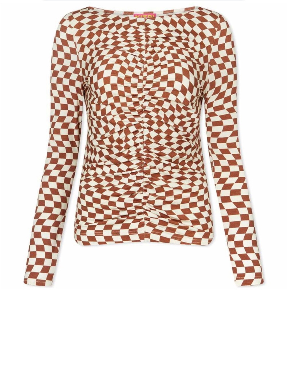 Ruched Checkerboard Long Sleeve Top - Brown & Cream